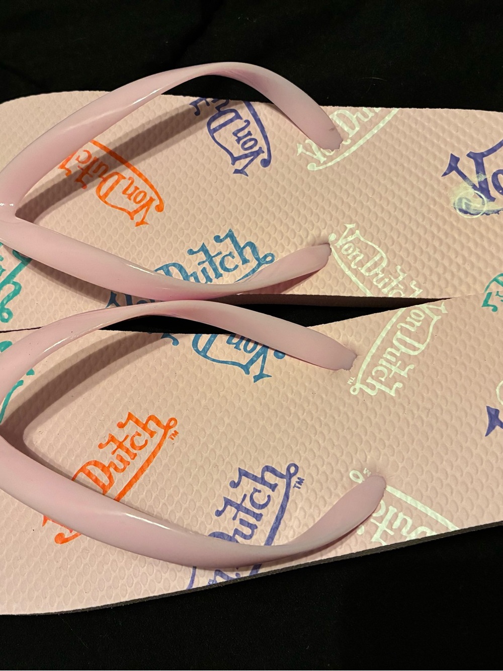 Von Dutch Pastel Pink Logo Flip Flops with Multicolor Logos